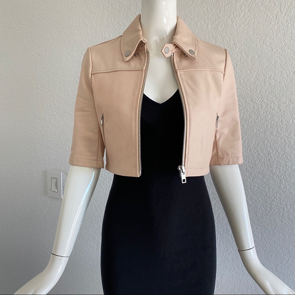 Maje Lamb Leather Brittany Crop Biker Jacket Light Pink